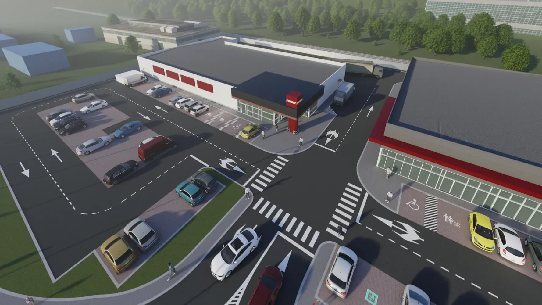 Retail park with parking and access roads