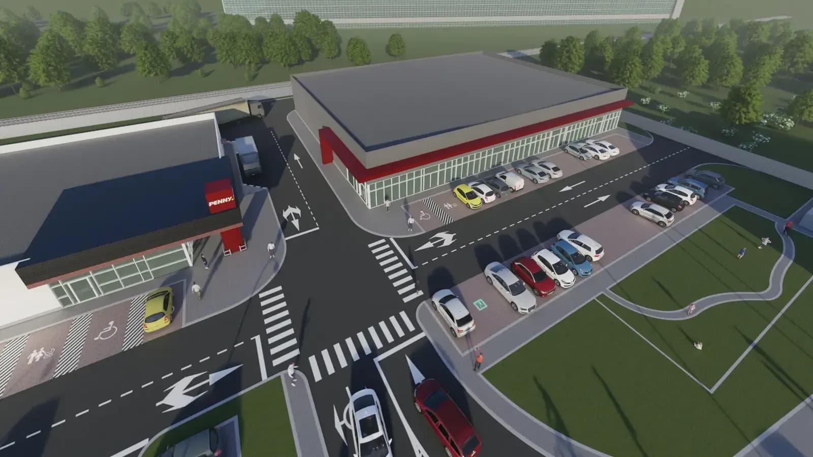 Aerial view of a retail park with parking