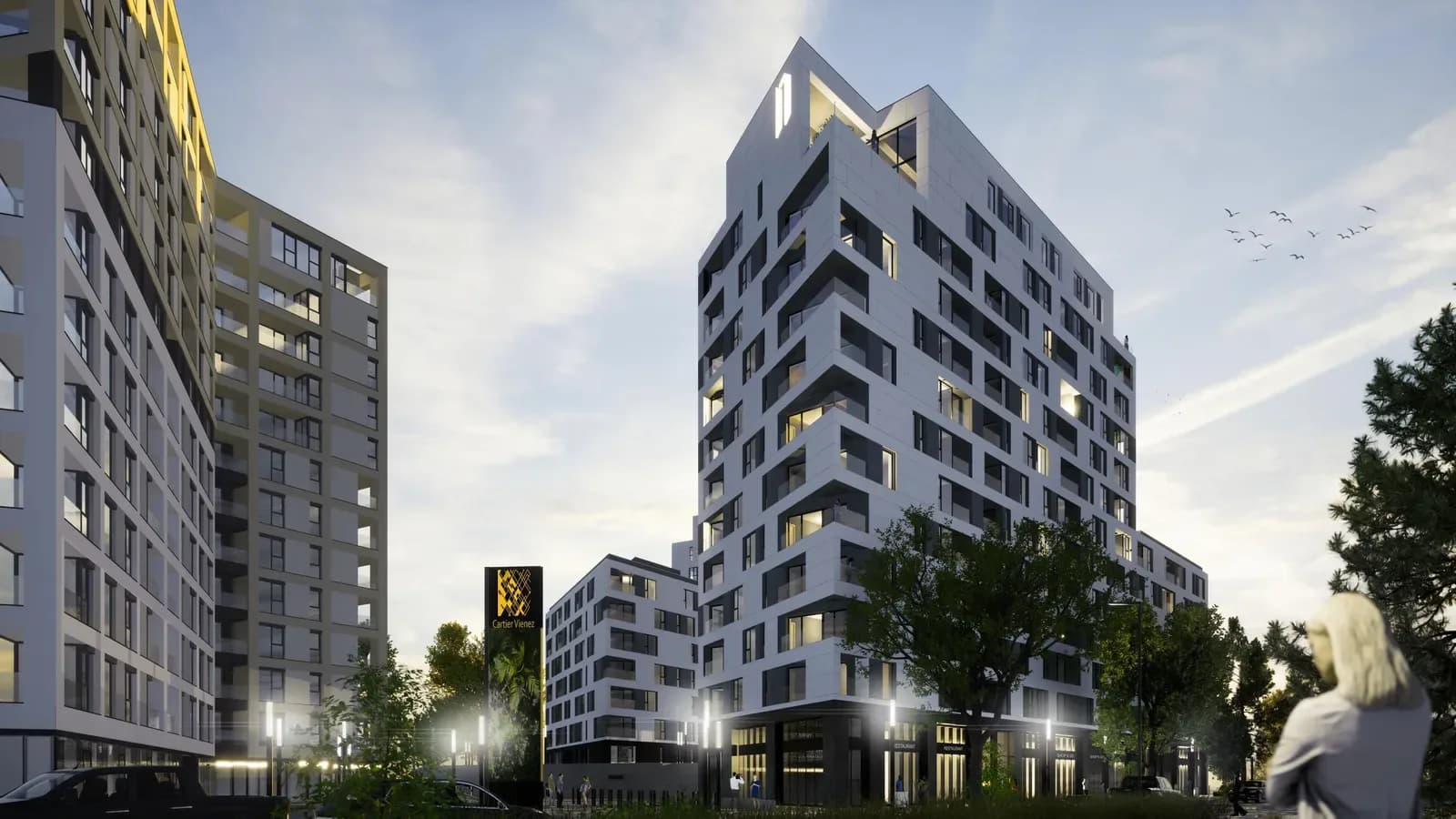 Cartierul Vienez - Brediceanu, Timișoara: rendering of the residential tower at dusk