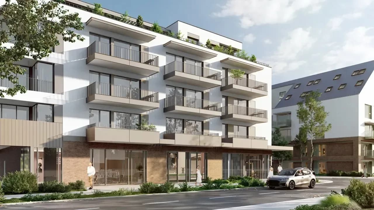 The Lake Home, Sibiu: rendering of the residential building with balconies and ground-floor shops