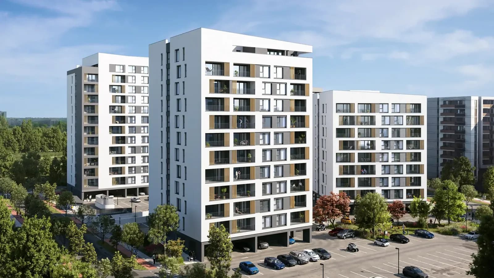 Torontal, Timișoara: rendering of the white residential buildings and parking area